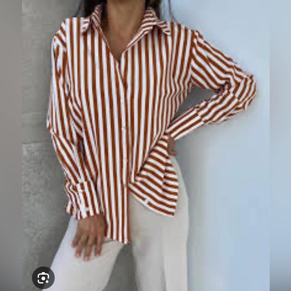 ZARA size XS White and Brown Oversized woman Button Down Shirt